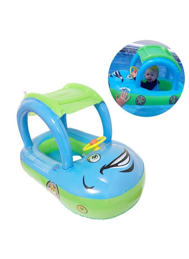 Baby Pool Float With Canopy Summer Steering Wheel Sunshade Swim Ring Car Inflatable Toys Infants Float Seat Boat For Kids Toddlers (Color Blue)