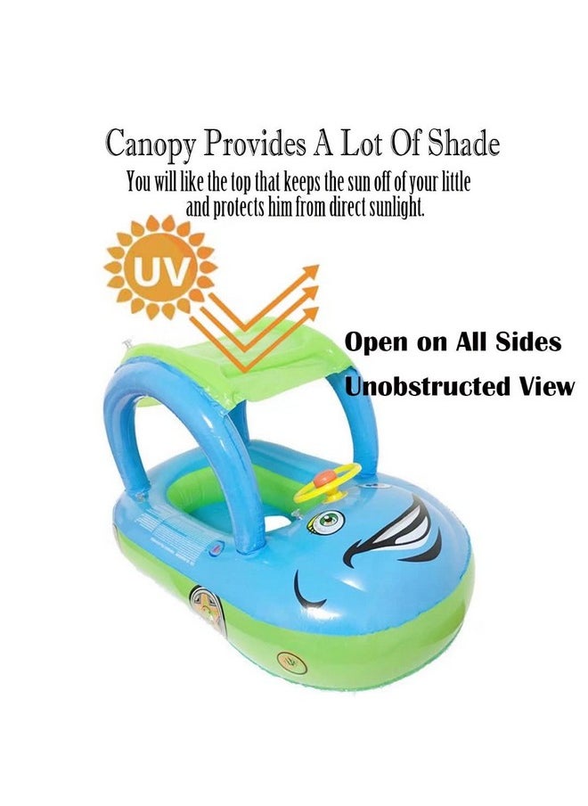 Baby Pool Float With Canopy Summer Steering Wheel Sunshade Swim Ring Car Inflatable Toys Infants Float Seat Boat For Kids Toddlers (Color Blue)