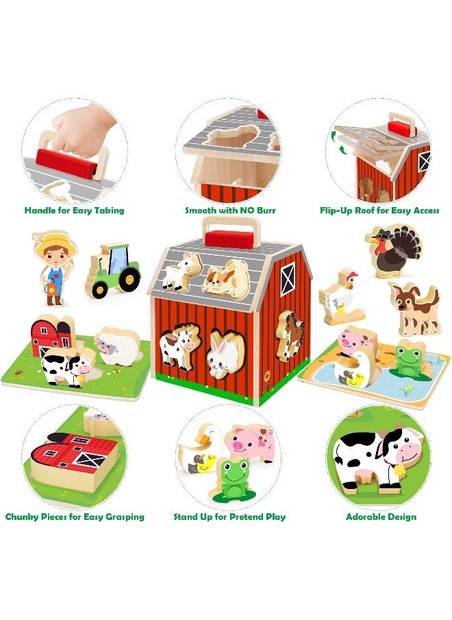 Wooden Assembled Barn House Scene, Pairing Building Blocks, Cognitive Puzzle Blocks, Puzzle Board, for Children Aged 0-3-6 Years