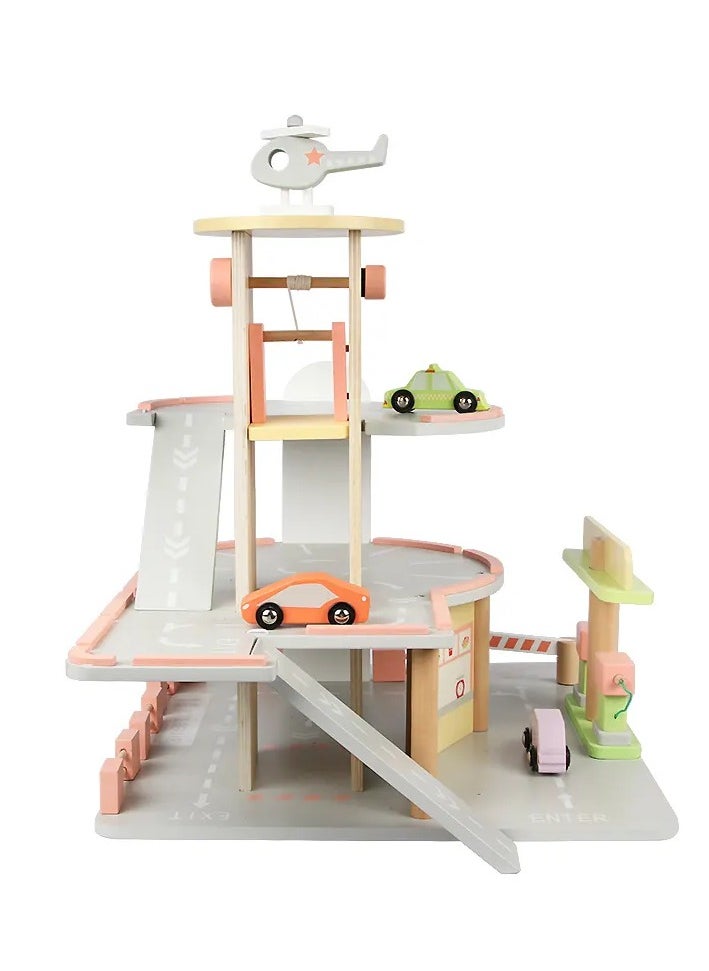 Wooden Toy Garage – Multi-Storey Car Park with 3-Floor Lift, Elevator, Petrol Pump & Car Wash – Includes 3 Vehicles: Car, Ambulance, Helicopter – Educational Toy for Boys & Girls 2+ Years Old