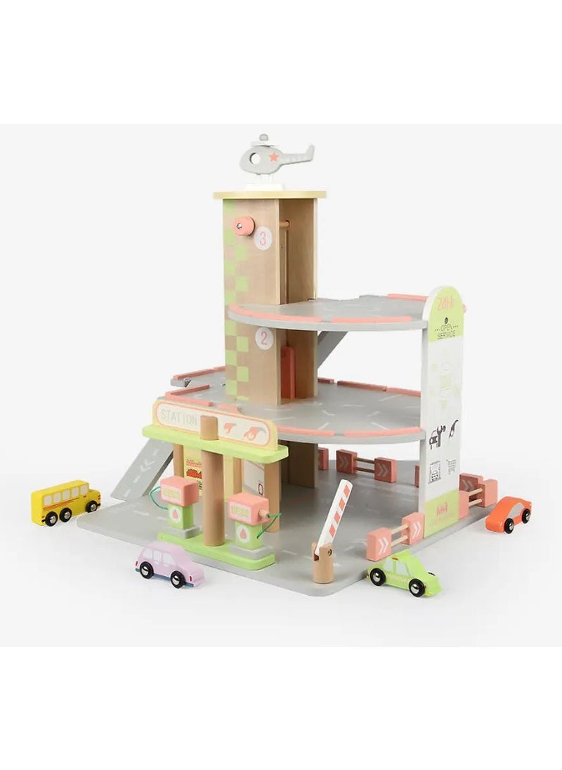 Wooden Toy Garage – Multi-Storey Car Park with 3-Floor Lift, Elevator, Petrol Pump & Car Wash – Includes 3 Vehicles: Car, Ambulance, Helicopter – Educational Toy for Boys & Girls 2+ Years Old