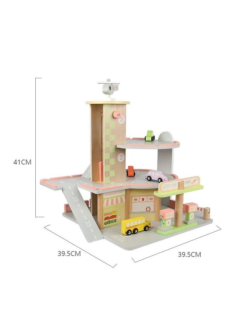 Wooden Toy Garage – Multi-Storey Car Park with 3-Floor Lift, Elevator, Petrol Pump & Car Wash – Includes 3 Vehicles: Car, Ambulance, Helicopter – Educational Toy for Boys & Girls 2+ Years Old