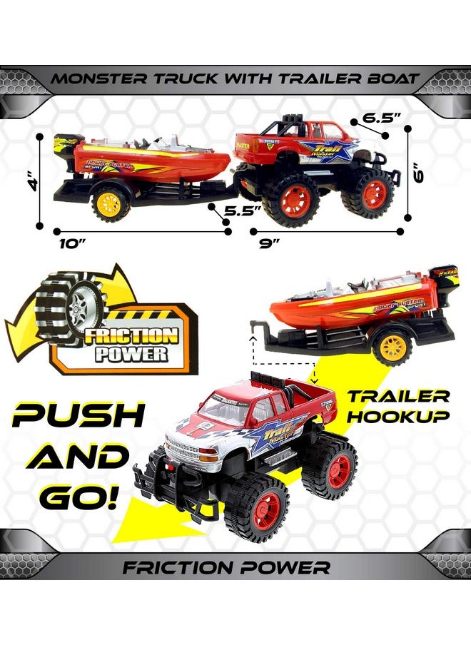 Monster Truck Toys Set With Trailer Toy Boat - Friction Powered Hauling Truck And Trailer Toy, Big Toy Monster Truck With Boat, Adventure Truck Pulling Boat Toy Monster Trucks For Kids - 9 Inch