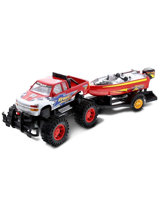 Monster Truck Toys Set With Trailer Toy Boat - Friction Powered Hauling Truck And Trailer Toy, Big Toy Monster Truck With Boat, Adventure Truck Pulling Boat Toy Monster Trucks For Kids - 9 Inch