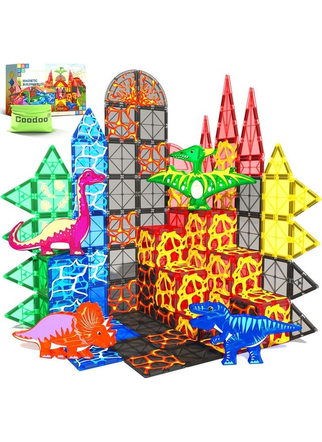 Dinosaur Toys Magnetic Tiles Lava Dinosaur World Set - Kids Games For 3+ Year Old Boys & Girls, Magnetic Blocks For Kids Ages 3-4 5-7 8-13 Stem Preschool Learning Montessori Toddler Toys