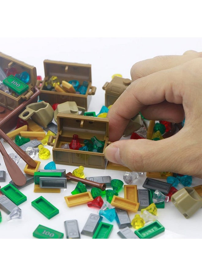 Pirate Accessories Money - Treasure Chest Building Block Bricks Pack, Money Gold Bar, Gems Diamonds, Jewels With Pirate Boat Ship People Parts, Building Bricks Set