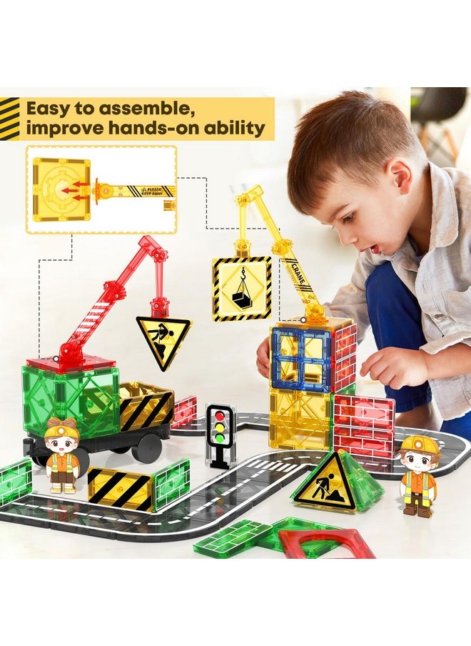 Kids Games Magnetic Tiles With 2 Cranes Construction Toys Set Sensory Toys For Boys Girls Ages 3-6 5-7 8-13, Gifts For 3+ Year Old Boys Girls Toddler Outdoor Kids Toys With Car