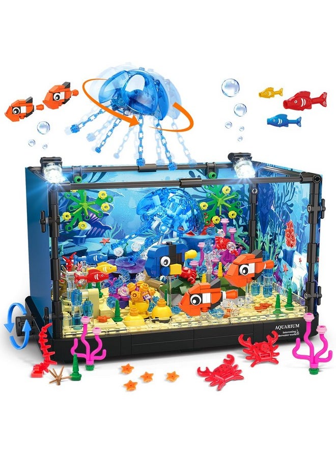 Fish Tank Building Set With Led Light - Movable Aquarium Building Toys For Adults Kids | 725Pcs Creative Toy Fish Tank With Jellyfish Fish Animal Educational Gift For Boys Girls Age 8-14