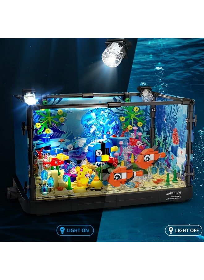 Fish Tank Building Set With Led Light - Movable Aquarium Building Toys For Adults Kids | 725Pcs Creative Toy Fish Tank With Jellyfish Fish Animal Educational Gift For Boys Girls Age 8-14