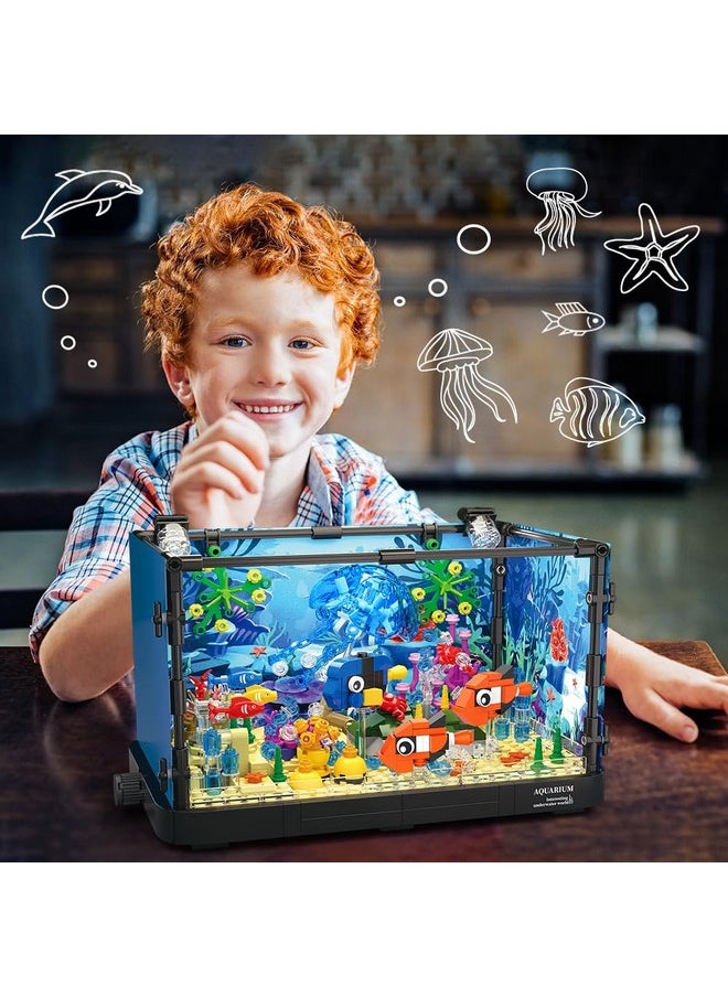 Fish Tank Building Set With Led Light - Movable Aquarium Building Toys For Adults Kids | 725Pcs Creative Toy Fish Tank With Jellyfish Fish Animal Educational Gift For Boys Girls Age 8-14