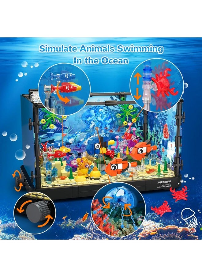 Fish Tank Building Set With Led Light - Movable Aquarium Building Toys For Adults Kids | 725Pcs Creative Toy Fish Tank With Jellyfish Fish Animal Educational Gift For Boys Girls Age 8-14