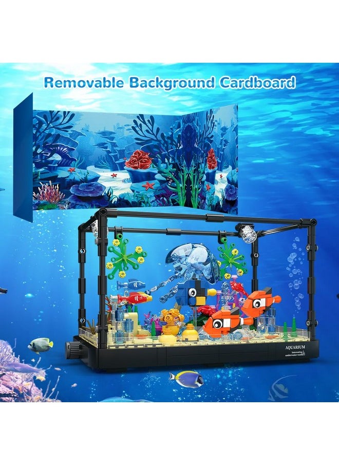 Fish Tank Building Set With Led Light - Movable Aquarium Building Toys For Adults Kids | 725Pcs Creative Toy Fish Tank With Jellyfish Fish Animal Educational Gift For Boys Girls Age 8-14