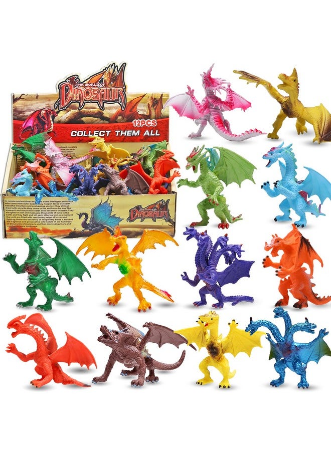 4 Inch Realistic Detail Dragon Toy Set With Gift Box, 12 Pcs Mini Dragon Figure In And Styles, Dragon Theme Party Favors Toy For Kids, Goody Bag Filler, Bulk Gifts, Cake Toppers