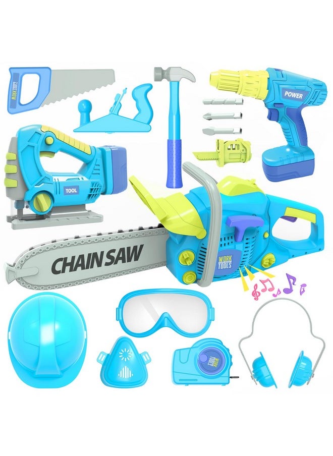 Kids Tool Set With Electric Toy Drill Chainsaw Jigsaw Toy Tools, Realistic Kids Power Construction Pretend Play Tools Set Toddler Toys Playset Kit For Toddler Boy Girl Kid Child Tool Toy Blue