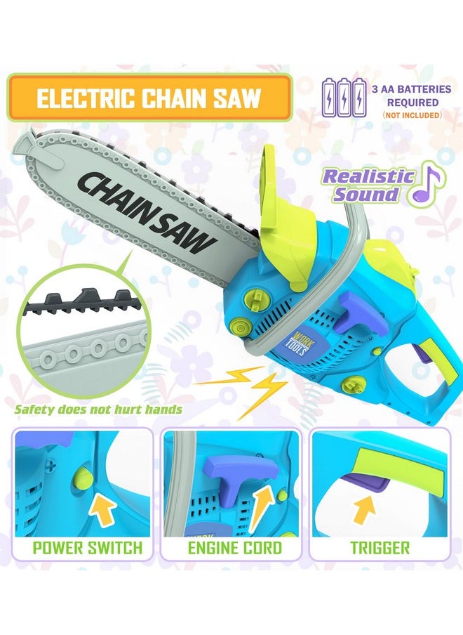 Kids Tool Set With Electric Toy Drill Chainsaw Jigsaw Toy Tools, Realistic Kids Power Construction Pretend Play Tools Set Toddler Toys Playset Kit For Toddler Boy Girl Kid Child Tool Toy Blue