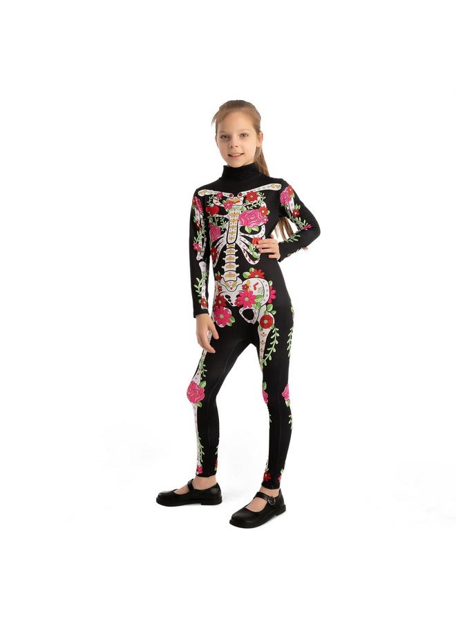 Girls Skeleton Floral Halloween Costume Jumpsuit For Kids Halloween Dress Up-Xl(12-14Yr)