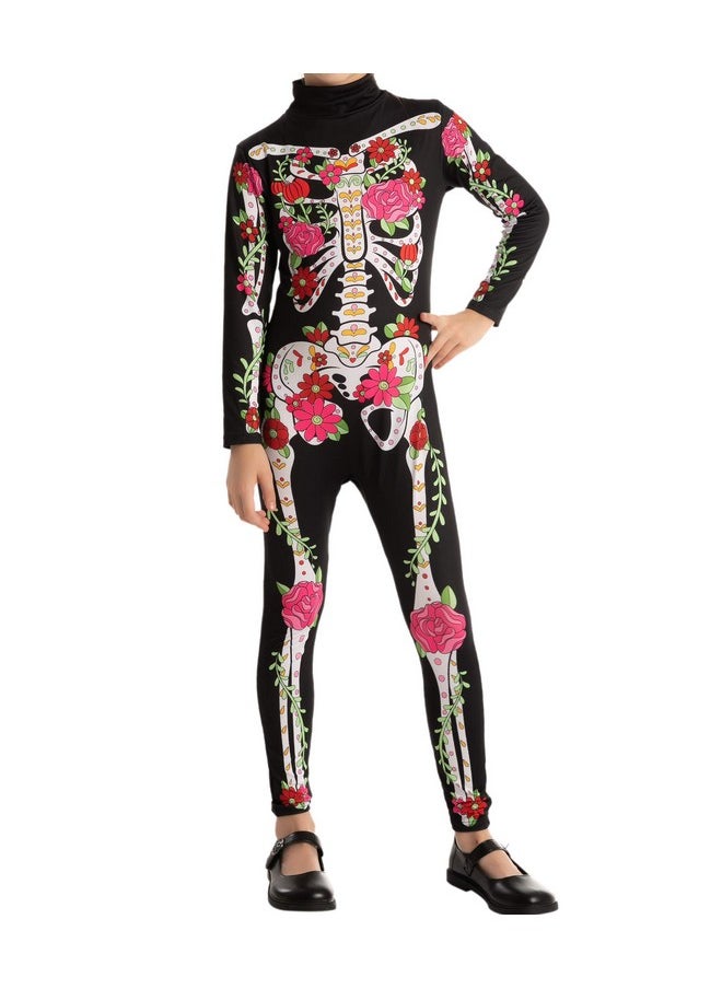 Girls Skeleton Floral Halloween Costume Jumpsuit For Kids Halloween Dress Up-Xl(12-14Yr)