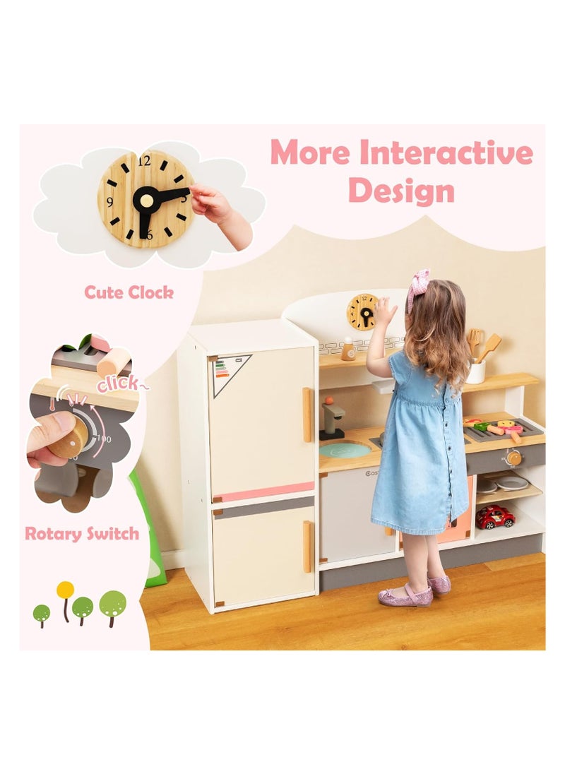 Kids Wooden Kitchen Playset 3-in-1 | Pretend Cooking Toy Set with Refrigerator, BBQ Grill, Range Hood, Bowl Rack | Little Chef Kitchen Set for Toddlers, Gift for Boys & Girls - Natural Finish