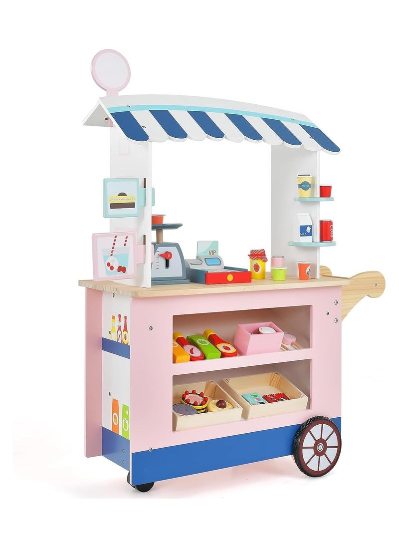 Kids Food Cart Playset – 30-Piece Wooden Toddler Pretend Play Grocery Store Set with Cash Register, Scale, and Wheels, Dessert Shop Market, Gift for Boys and Girls 3+ Years