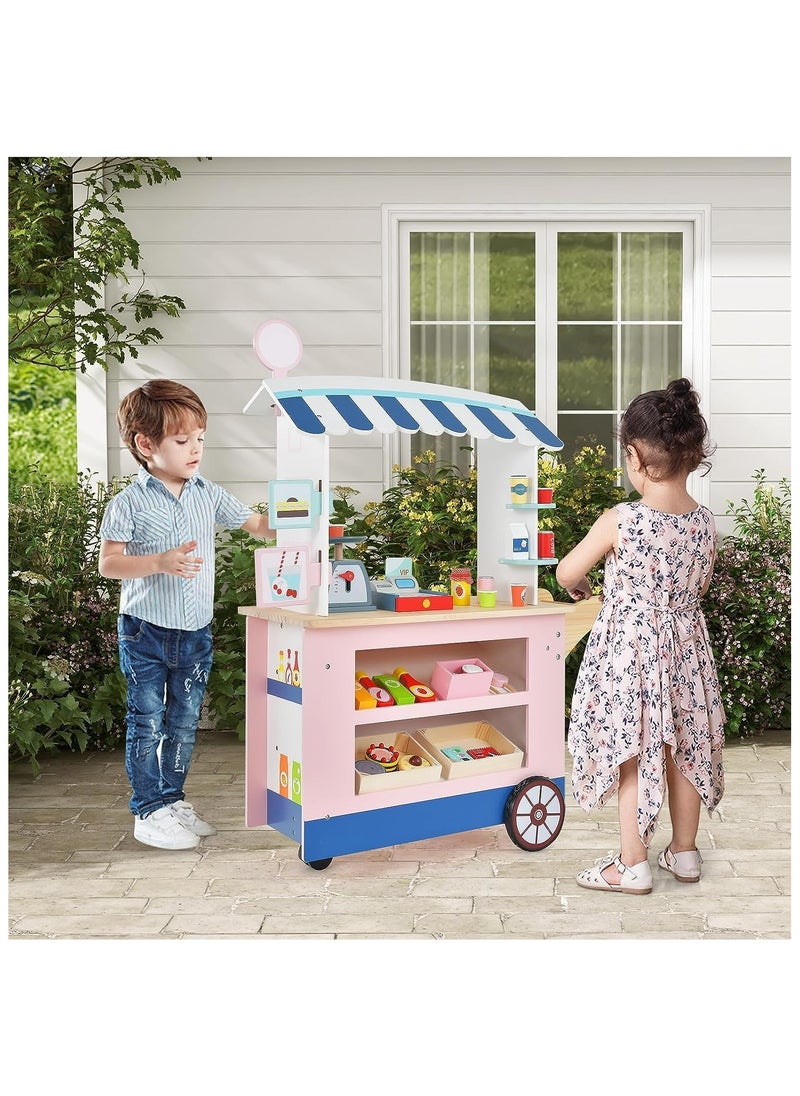 Kids Food Cart Playset – 30-Piece Wooden Toddler Pretend Play Grocery Store Set with Cash Register, Scale, and Wheels, Dessert Shop Market, Gift for Boys and Girls 3+ Years