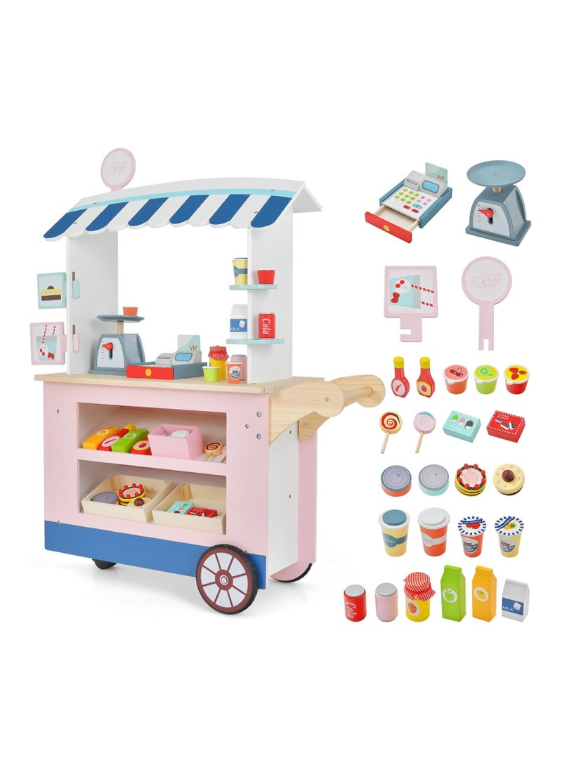 Kids Food Cart Playset – 30-Piece Wooden Toddler Pretend Play Grocery Store Set with Cash Register, Scale, and Wheels, Dessert Shop Market, Gift for Boys and Girls 3+ Years