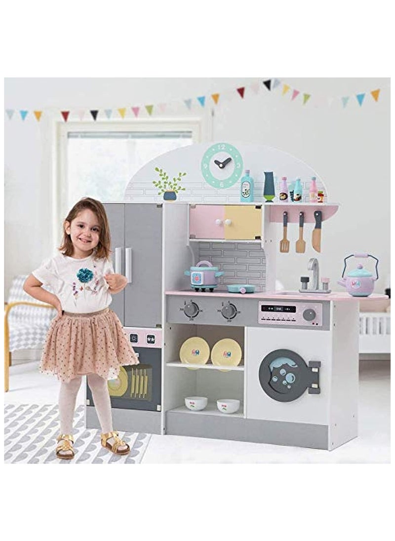 Wooden Kitchen Set for Kids – Pretend Play Kitchen Toy with Realistic Accessories, Oven, Sink, Stove, Utensils, Pots, and Storage, Durable Play Kitchen for Boys & Girls Ages 3+