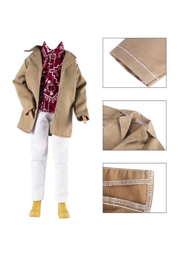 10-Item Trench Coat Pack = 5 Sets Fashion Casual Wear Clothes Outfit +5 Pairs Shoes For Boy Doll Random Style (Khaki Long Jacket Overcoat + Casual Wear Clothes +Swim Trunks)