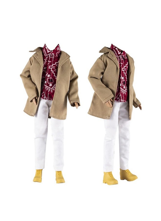 10-Item Trench Coat Pack = 5 Sets Fashion Casual Wear Clothes Outfit +5 Pairs Shoes For Boy Doll Random Style (Khaki Long Jacket Overcoat + Casual Wear Clothes +Swim Trunks)