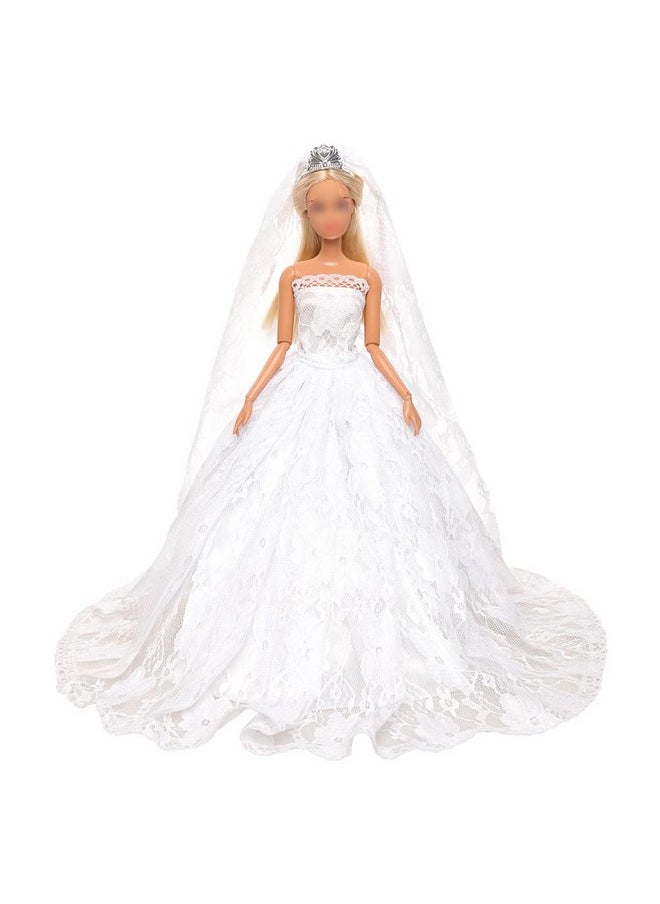 White Wedding Dress With Long Veil Evening Party Princess White Lace Gown Dress For 11.5 Inch Girl Doll