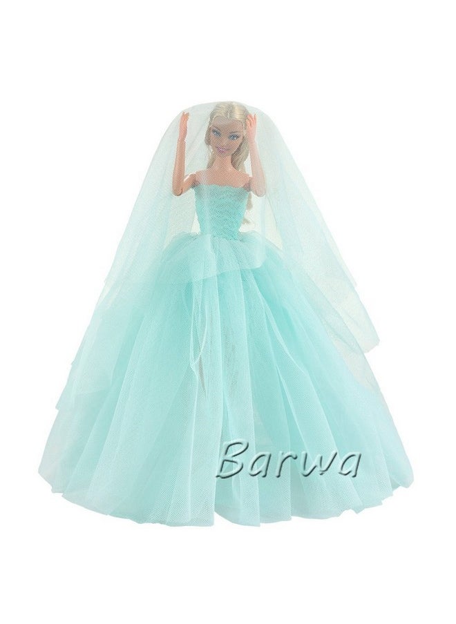 Light Blue Wedding Dress With Veil Evening Party Princess Light Blue Gown Dress For 11.5 Inch Girl Doll