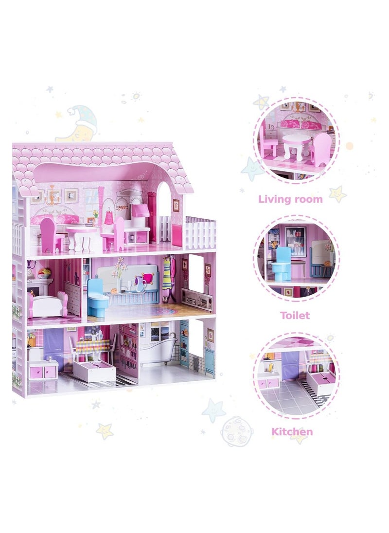 Kids Wooden Dollhouse - 3-Storey Pretend Play Dreamhouse with Furniture Accessories, Large Wooden Playhouse for Toddlers and Children Ages 3+, Durable Wooden Doll House Toy for Imaginative Play