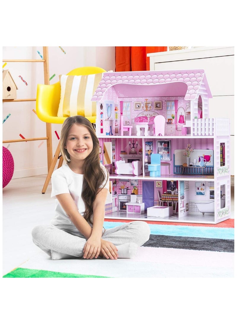 Kids Wooden Dollhouse - 3-Storey Pretend Play Dreamhouse with Furniture Accessories, Large Wooden Playhouse for Toddlers and Children Ages 3+, Durable Wooden Doll House Toy for Imaginative Play