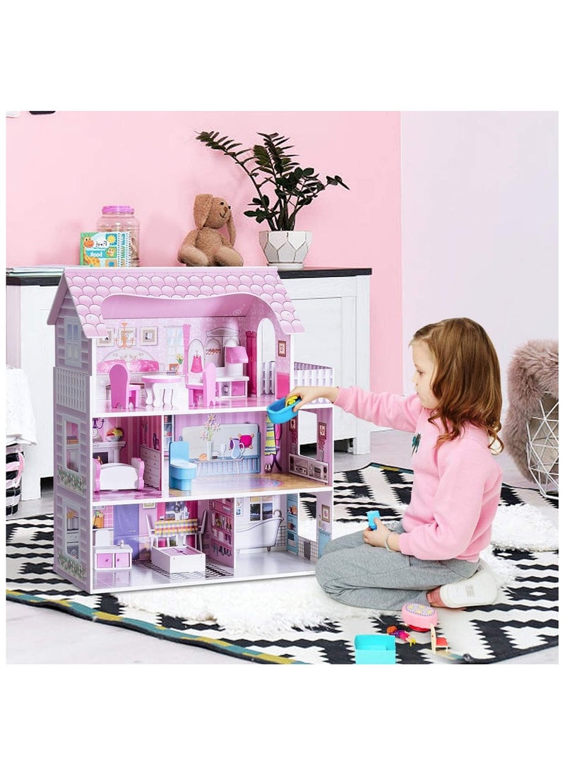 Kids Wooden Dollhouse - 3-Storey Pretend Play Dreamhouse with Furniture Accessories, Large Wooden Playhouse for Toddlers and Children Ages 3+, Durable Wooden Doll House Toy for Imaginative Play