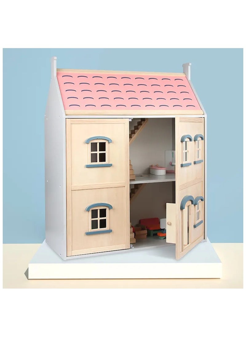 Wooden DIY Family Dollhouse for Girls – Princess House with Mini Furniture Accessories, Creative Pretend Play Villa Toy, Ideal for Kids, Ages 3+, Educational Role Play Toy Set