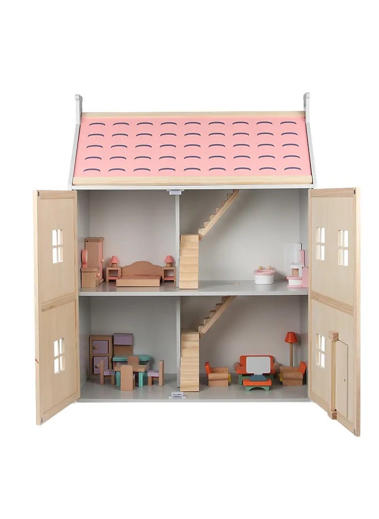 Wooden DIY Family Dollhouse for Girls – Princess House with Mini Furniture Accessories, Creative Pretend Play Villa Toy, Ideal for Kids, Ages 3+, Educational Role Play Toy Set