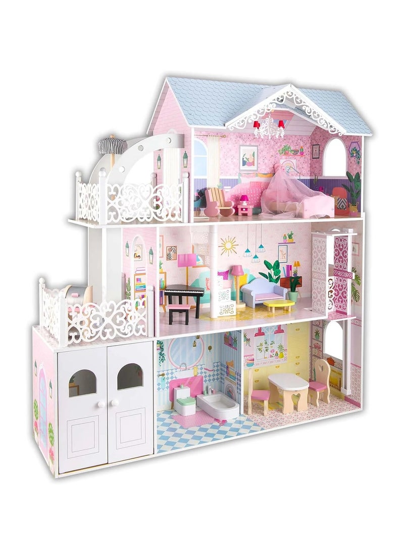 Wooden Dollhouse with Furniture for Kids - 3-Story Doll House Playset for Girls, DIY Pretend Play Toy with Accessories, Ideal Birthday Gift for Children Ages 3+