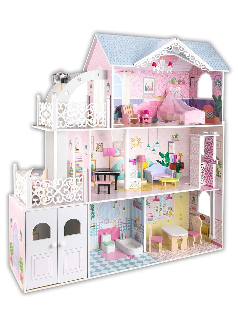 Wooden Dollhouse with Furniture for Kids - 3-Story Doll House Playset for Girls, DIY Pretend Play Toy with Accessories, Ideal Birthday Gift for Children Ages 3+