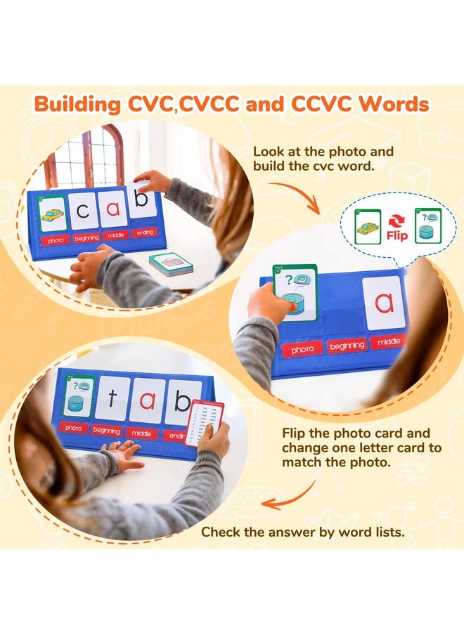 Word Building Desktop Pocket Chart Tent Flash Cards Kit - Cvc Words Phonics Games Blending Board For Kindergarten Reading And Spelling