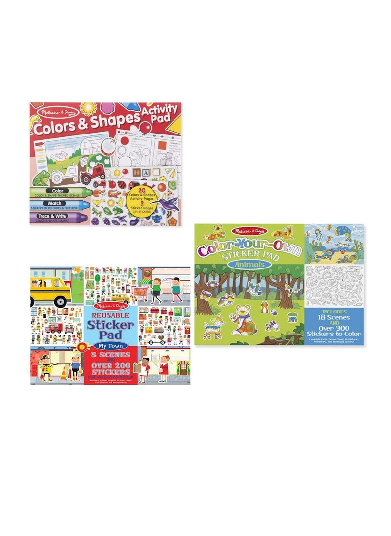 Melissa And Doug Activity and Sticker Pad Colours & Shapes Animal and My town 3 Pack