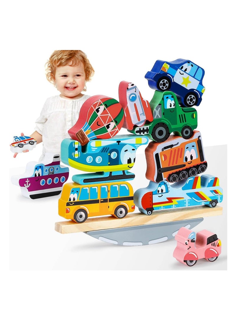 Montessori Stacking Cars Wooden Toys - Sensory Baby Toys for 1 Year Old Girls and Boys - Building Blocks for Toddlers - Unique Birthday Gifts for 1-2 Year Olds