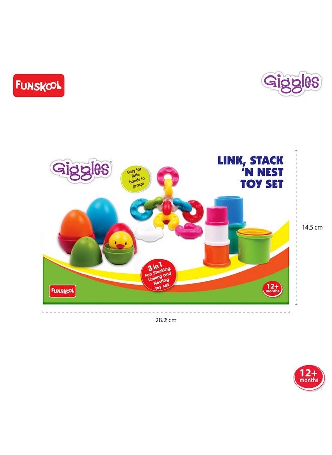 L Giggles - Link Stack N Nest Toy Set, Toys For Kids, Blocks, Nesting Toy For Kids, Multicolour 3 In 1 Gift Set, Develops Motor Skills , 6 Months & Above, Infant And Preschool Toys
