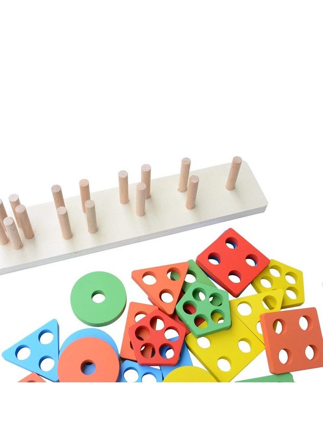 Kids Wooden Angle Geometric Blocks Stacker Shape Sorter Column Puzzle Stacking Set - 5 Columns