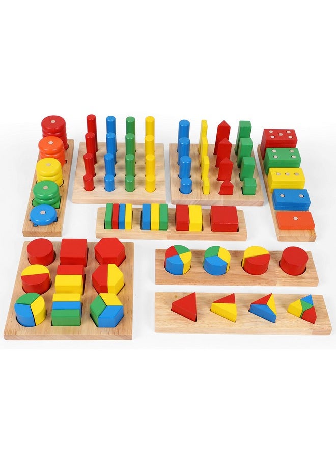 Towo Wooden Geometric Shapes Stacking Rings And Fractions Boards 8 In 1 Set Puzzles- Shape Sorter Sorting Toy Stacking Game - Montessori Materials Educational Learning Toys For 3 4 5 6 Years