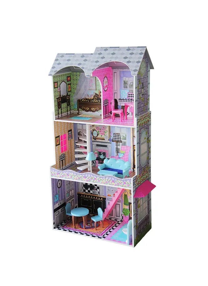 Large Wooden Princess Dollhouse Toy Set for Kids – 3-Storey Playhouse with 7pcs Furniture, Pretend Play Doll House for Girls, Durable & Safe, Ideal Gift for Ages 3+