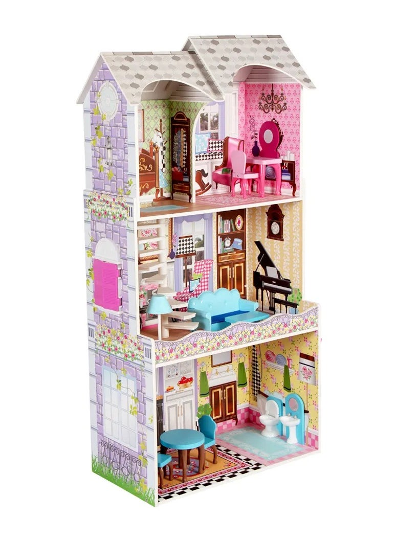 Large Wooden Princess Dollhouse Toy Set for Kids – 3-Storey Playhouse with 7pcs Furniture, Pretend Play Doll House for Girls, Durable & Safe, Ideal Gift for Ages 3+