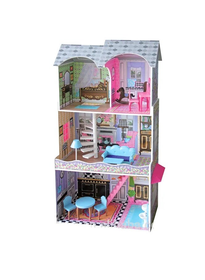 Large Wooden Princess Dollhouse Toy Set for Kids – 3-Storey Playhouse with 7pcs Furniture, Pretend Play Doll House for Girls, Durable & Safe, Ideal Gift for Ages 3+