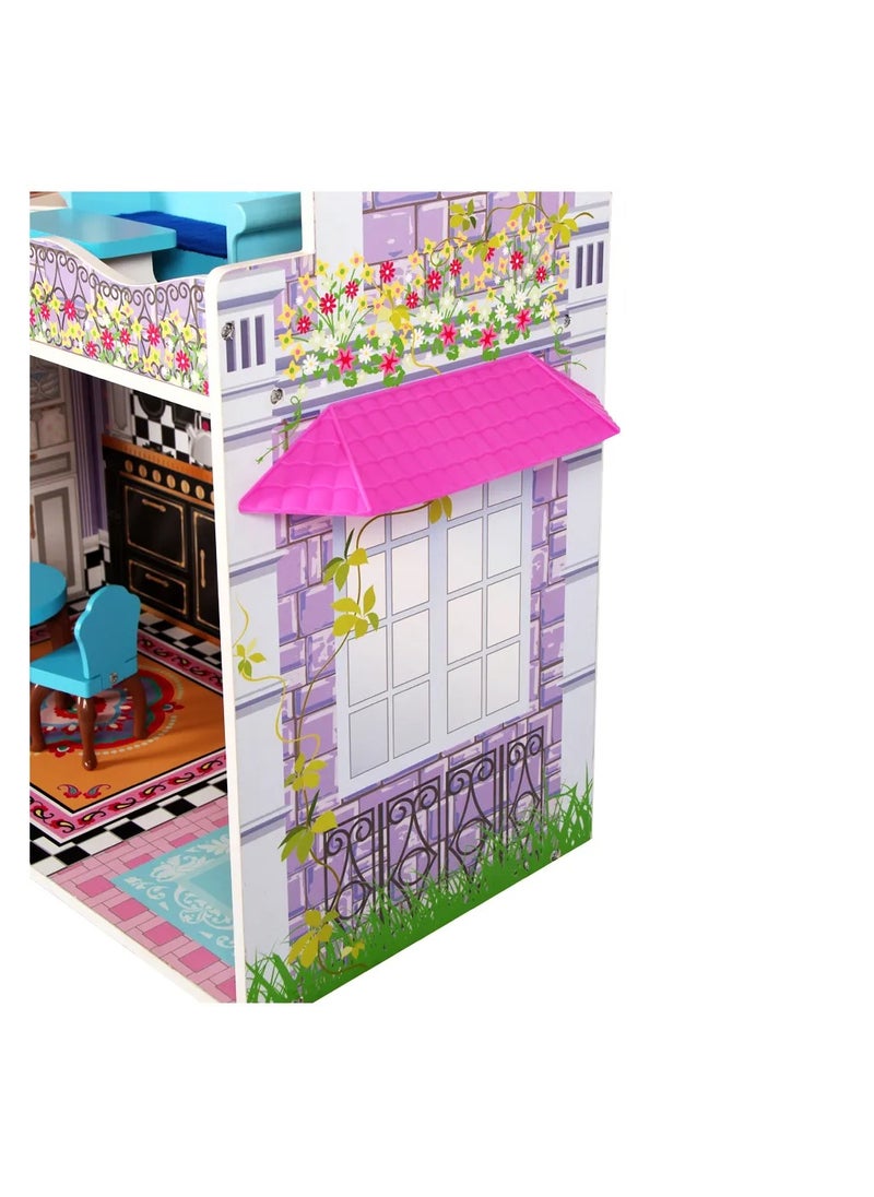 Large Wooden Princess Dollhouse Toy Set for Kids – 3-Storey Playhouse with 7pcs Furniture, Pretend Play Doll House for Girls, Durable & Safe, Ideal Gift for Ages 3+