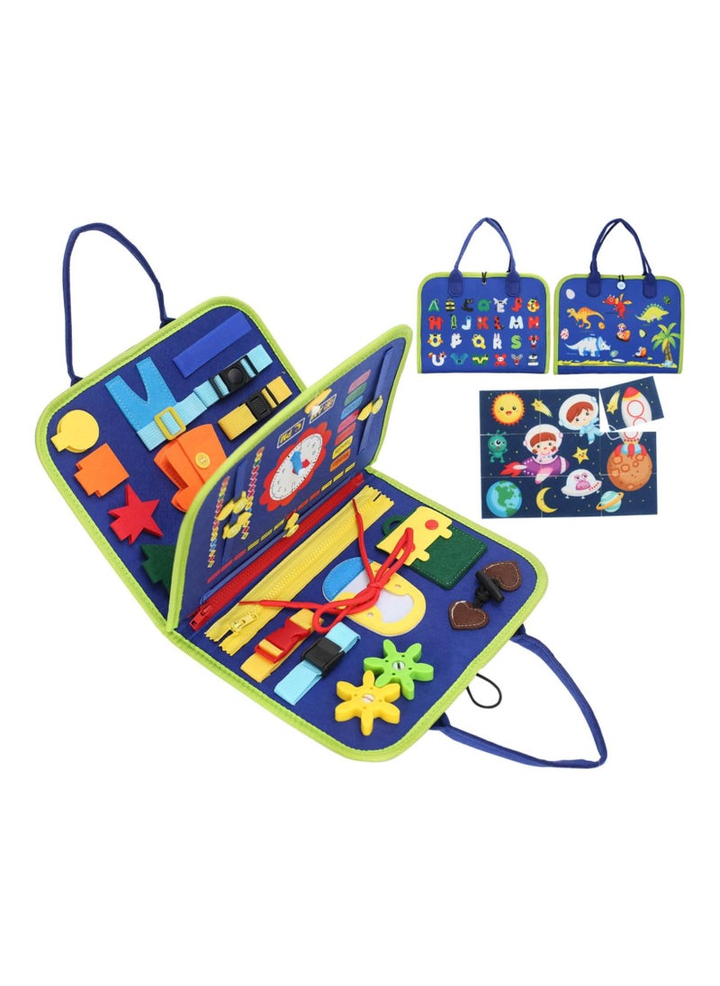 Dinosaur-Themed Busy Board Educational Toy - Interactive Activity Set for Toddlers with Clock, Zippers, Buttons, and Stickers - Portable Travel Learning Toy for Kids