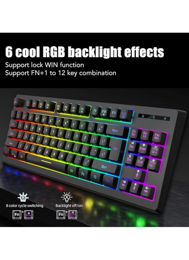 RGB Wireless Mechanical Gaming Keyboard, 87 Keys LED Backlit Computer Keyboard with Rechargeable Battery, 2.4G USB Receiver, Ergonomic Compact Keyboard for PC Gamer(Black)