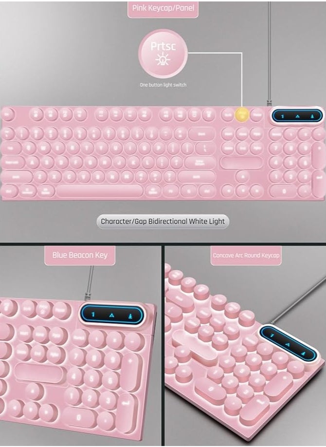 Retro Wired Gaming Keyboard, Led Backlit Typewriter Style Mechanical Gaming Keyboard with 104 Round Keys, Multimedia Keys, Ergonomic USB Keyboard for Office Desktop Laptop (Pink)